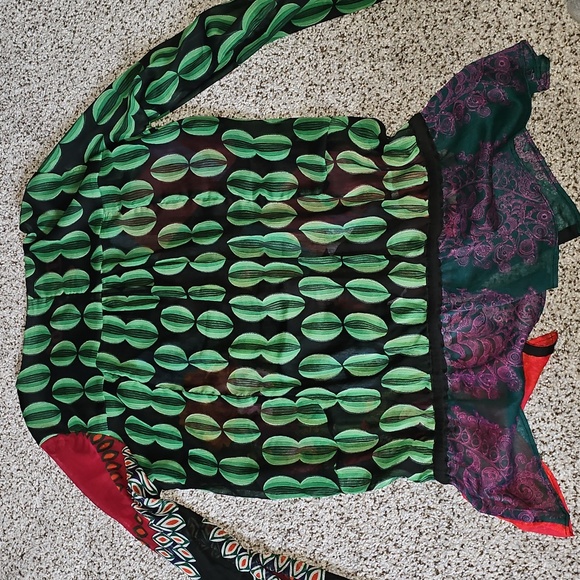 Desigual Funky Boho Colorful Patchwork Long Sleeve Sheer Blouse Top Xl - Picture 8 of 10
